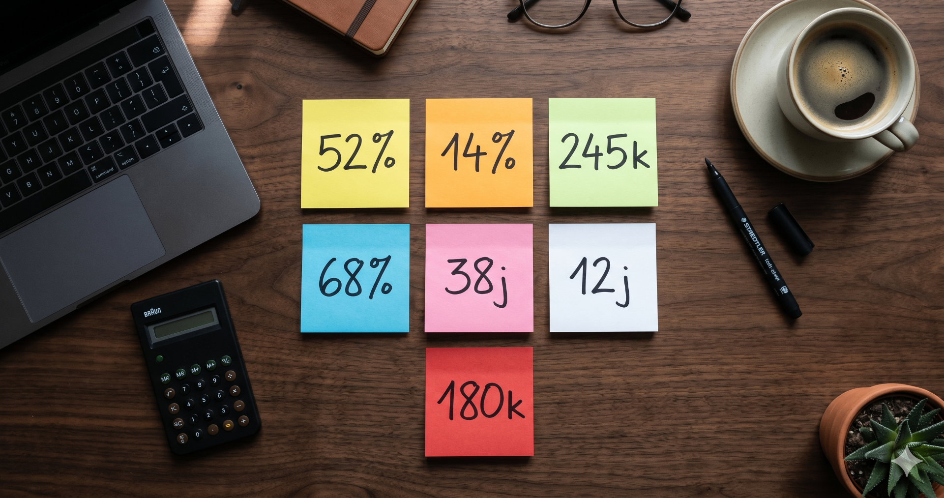 7 KPI financiers PME de services sur post-its colorés : 52%, 14%, 245k, 68%, 38j, 12j, 180k