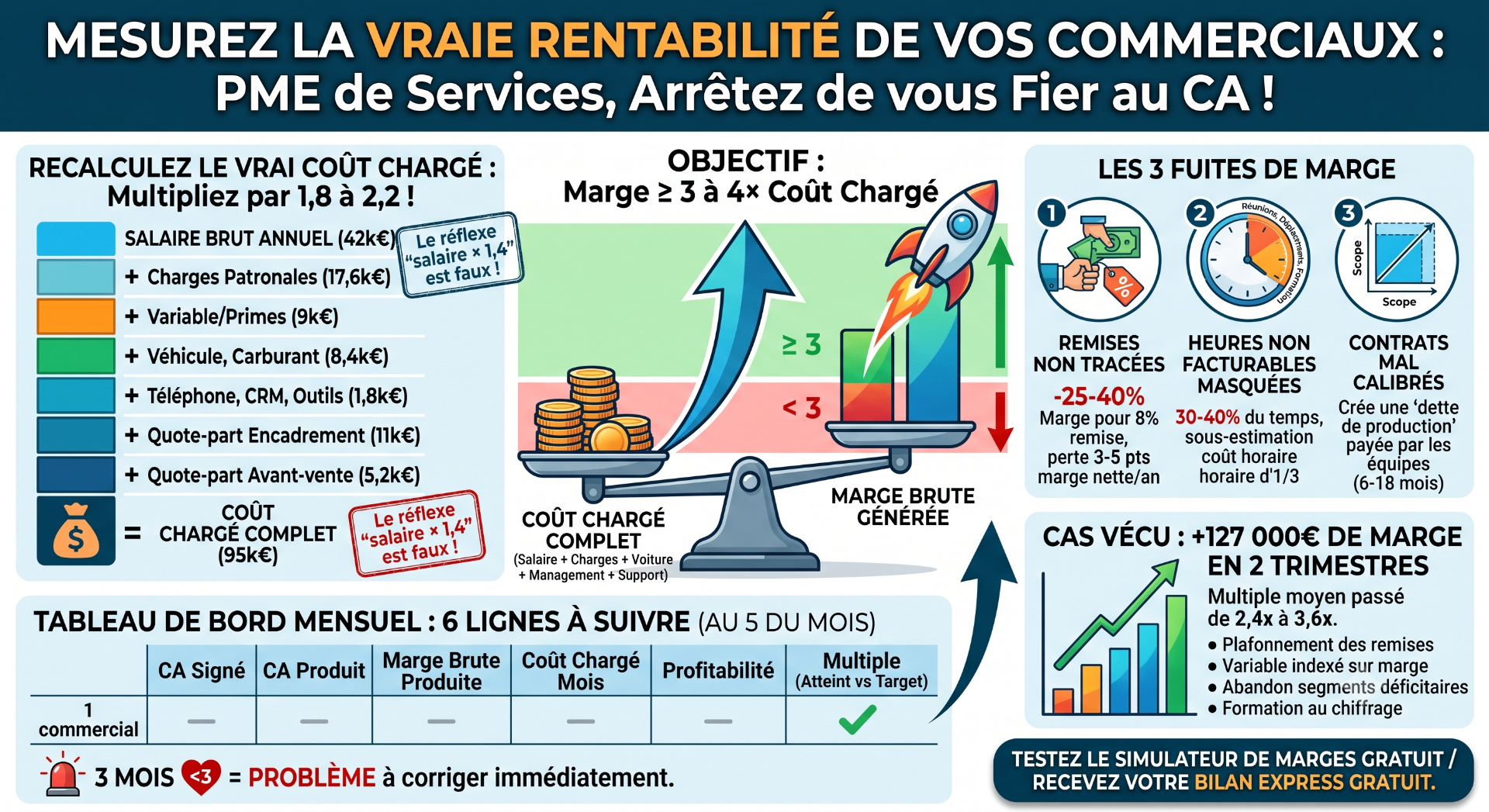 Dirigeant analysant la rentabilité de son commercial : coût chargé vs marge brute produite