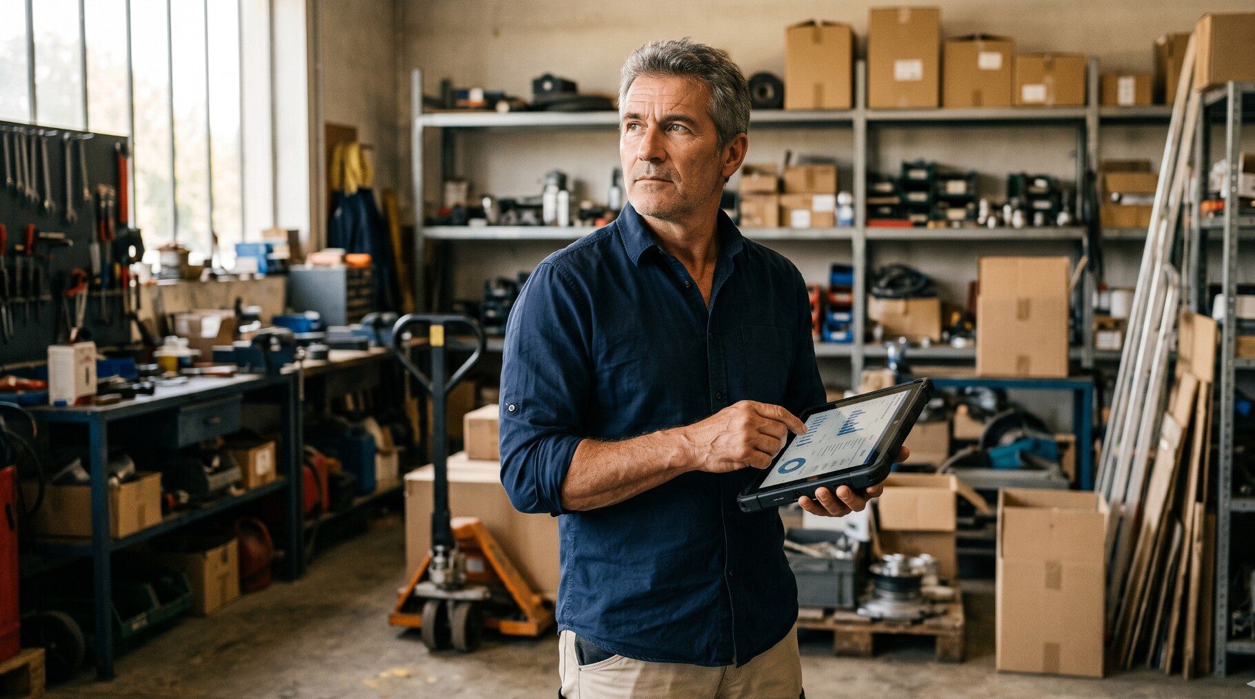 Dirigeant de PME de services dans son atelier, tablette en main, regardant ses chiffres de rentabilité