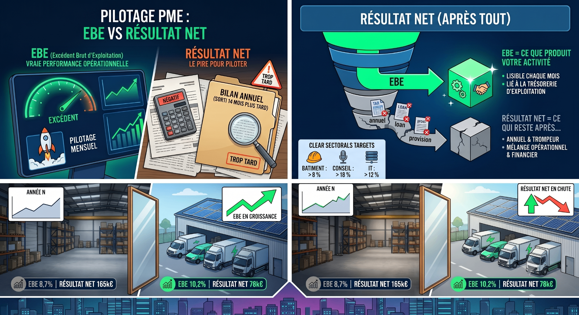 Infographie EBE vs résultat net : pilotage PME, performance opérationnelle et trésorerie d'exploitation
