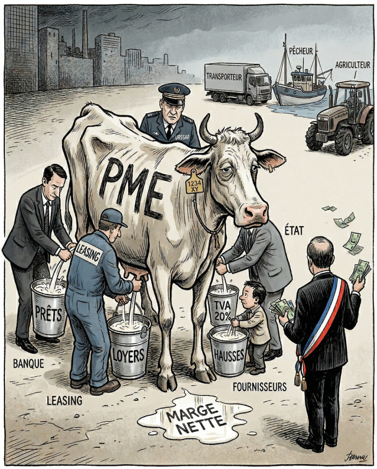 Illustration satirique : la PME de services comme vache à lait, pressée par la banque, le leasing, l'URSSAF, les fournisseurs et l'État