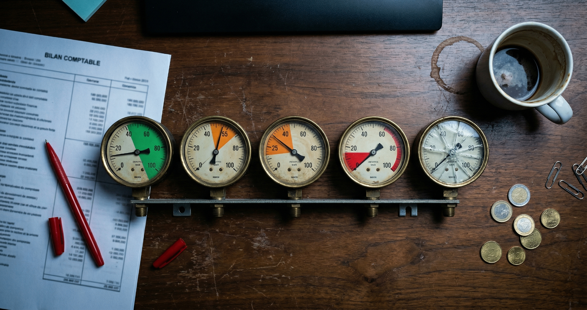 5 jauges financières sur un bureau avec bilan comptable - du vert au rouge : les 5 ratios qui clignotent avant la faillite d'une PME